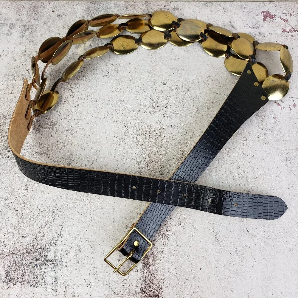 Vintage Leather Belt Metal Medallions Gold Discs Bohemian Tribal Gypsy Festival
